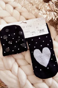 Skarpetki|Skarpetki>Aura.via Damskie Antypoślizgowe Skarpetki W Serca I Kropki Czarne