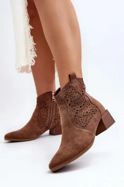 Discount Damskie Ażurowe Botki Brązowe Madalina Damskie Botki Wiosenne|Botki Na Słupku