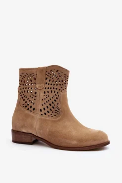 New Damskie Ażurowe Botki Lewski Shoes 3305/2 Beżowe Damskie Botki Wiosenne|Botki Skórzane