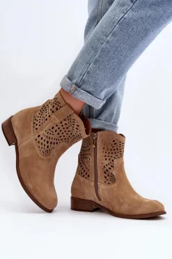 New Damskie Ażurowe Botki Lewski Shoes 3305/2 Beżowe Damskie Botki Wiosenne|Botki Skórzane