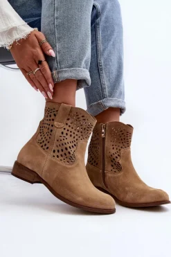 New Damskie Ażurowe Botki Lewski Shoes 3305/2 Beżowe Damskie Botki Wiosenne|Botki Skórzane