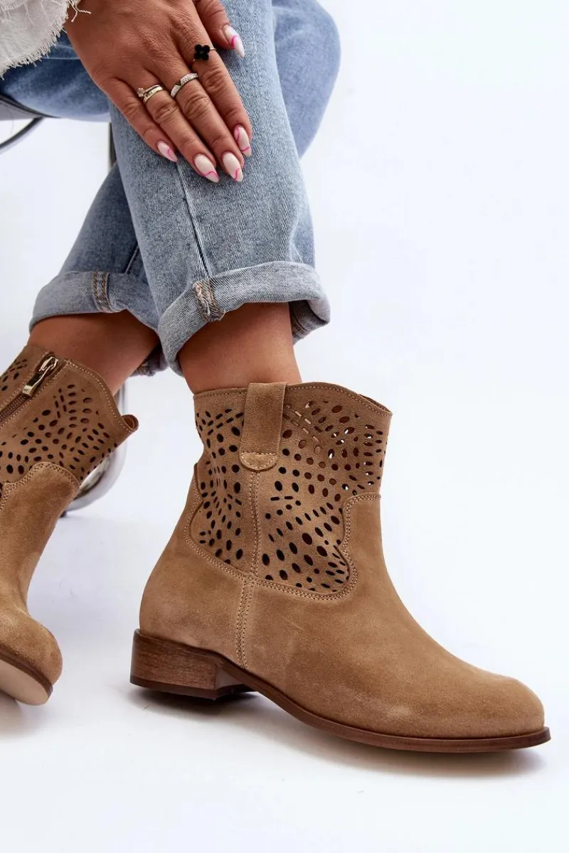 New Damskie Ażurowe Botki Lewski Shoes 3305/2 Beżowe Damskie Botki Wiosenne|Botki Skórzane