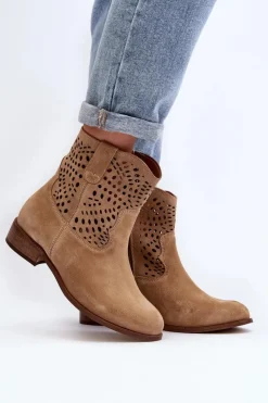 New Damskie Ażurowe Botki Lewski Shoes 3305/2 Beżowe Damskie Botki Wiosenne|Botki Skórzane