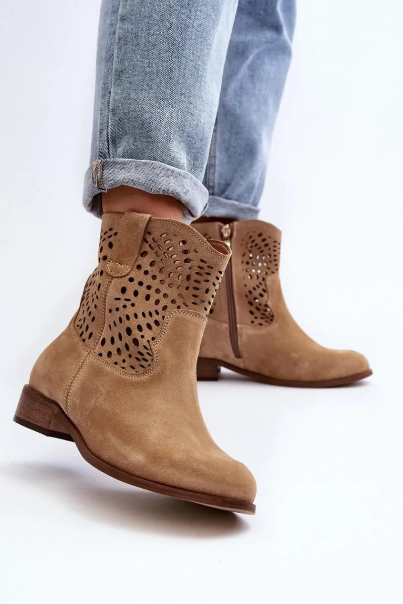 New Damskie Ażurowe Botki Lewski Shoes 3305/2 Beżowe Damskie Botki Wiosenne|Botki Skórzane