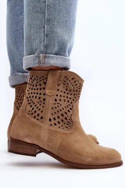 New Damskie Ażurowe Botki Lewski Shoes 3305/2 Beżowe Damskie Botki Wiosenne|Botki Skórzane