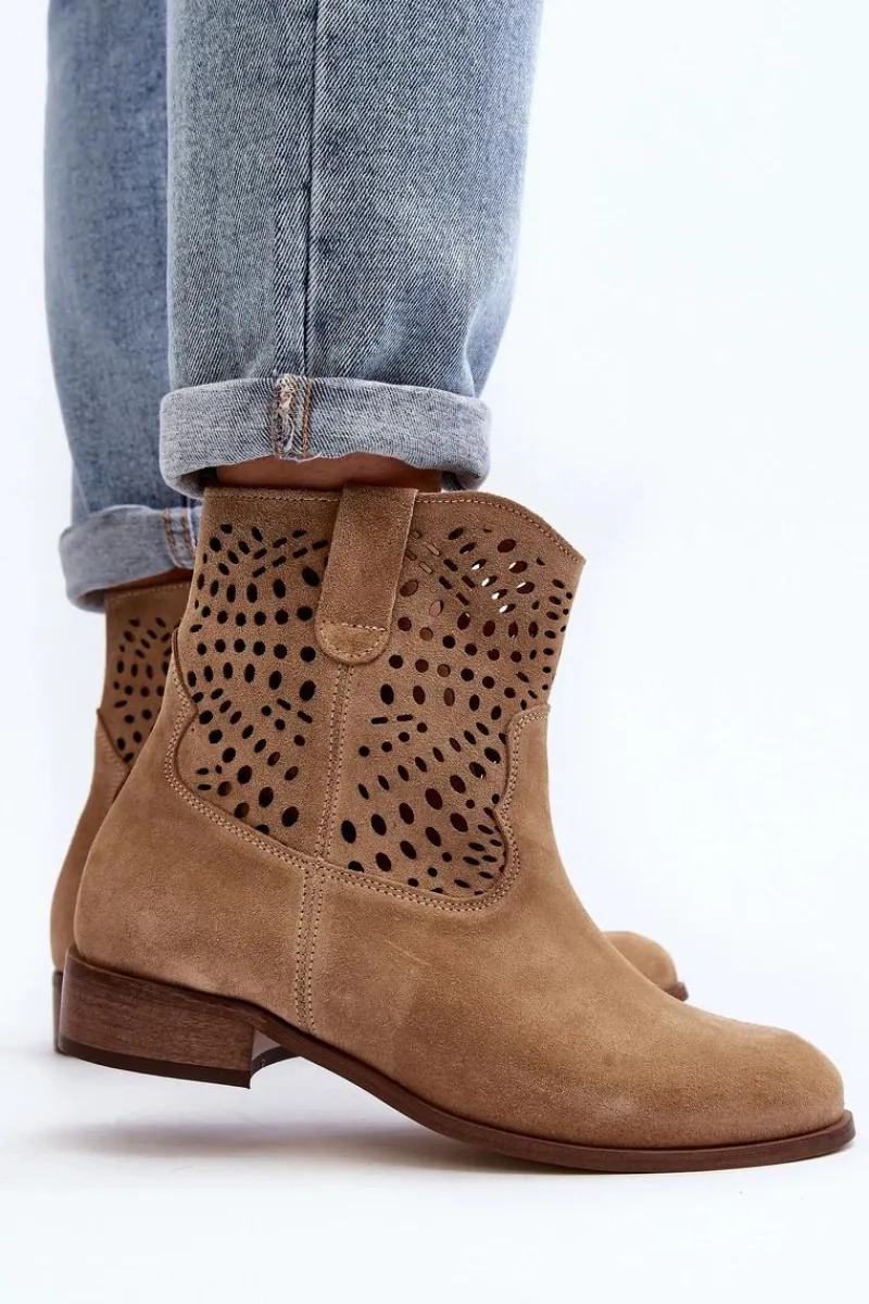 New Damskie Ażurowe Botki Lewski Shoes 3305/2 Beżowe Damskie Botki Wiosenne|Botki Skórzane