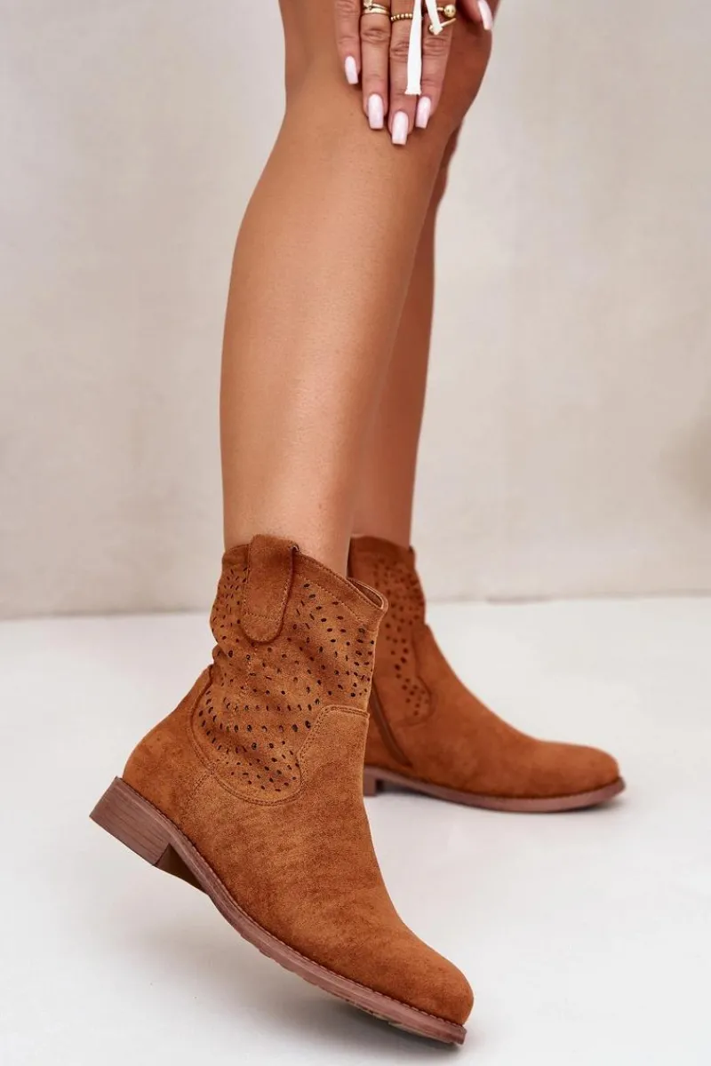 Clearance Damskie buty S.Barski Damskie Ażurowe Botki Na Płaskim Obcasie Camel S.Barski HY42-135