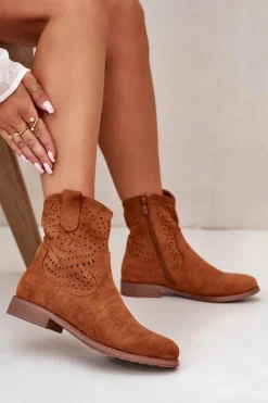 Clearance Damskie buty S.Barski Damskie Ażurowe Botki Na Płaskim Obcasie Camel S.Barski HY42-135