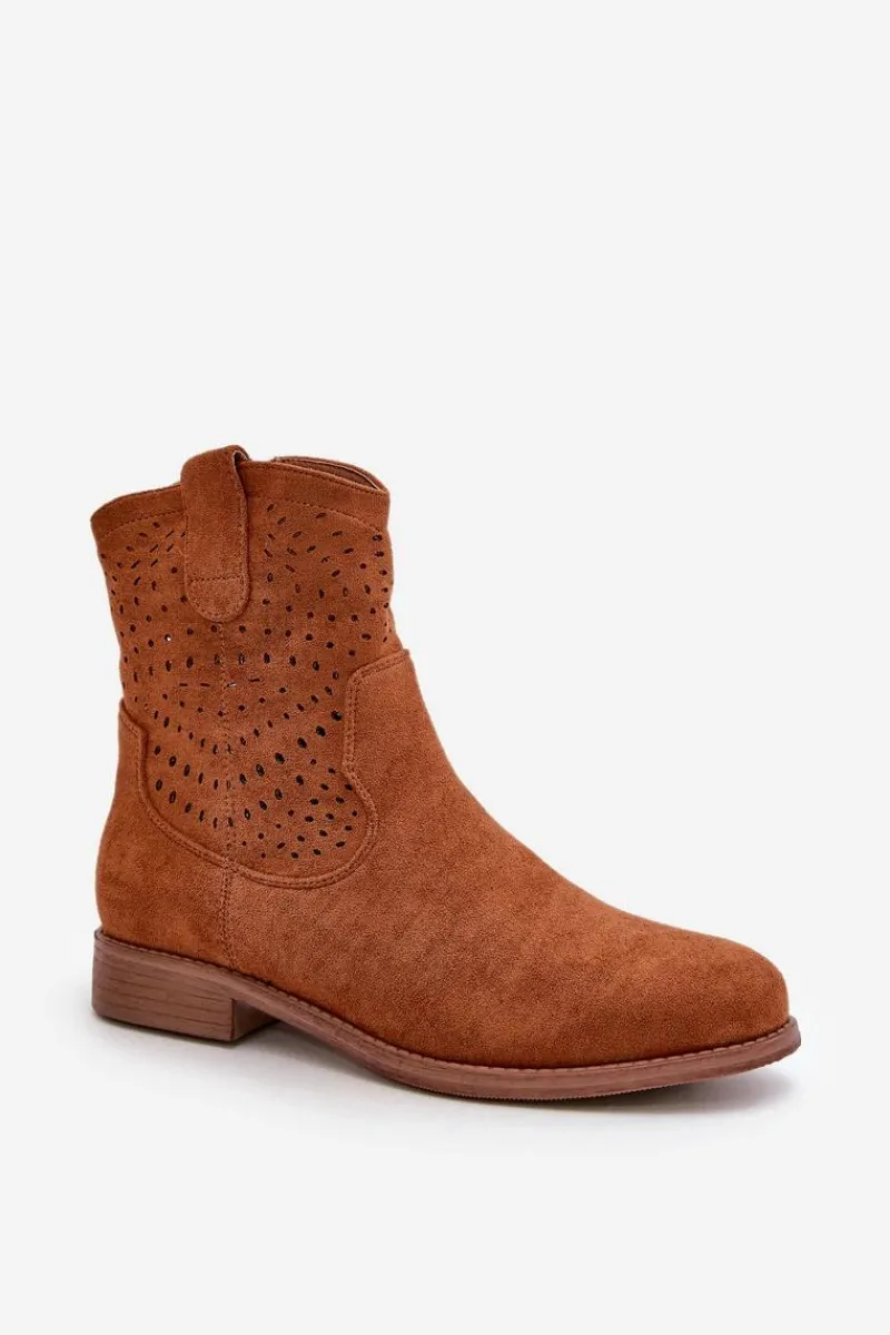 Clearance Damskie buty S.Barski Damskie Ażurowe Botki Na Płaskim Obcasie Camel S.Barski HY42-135