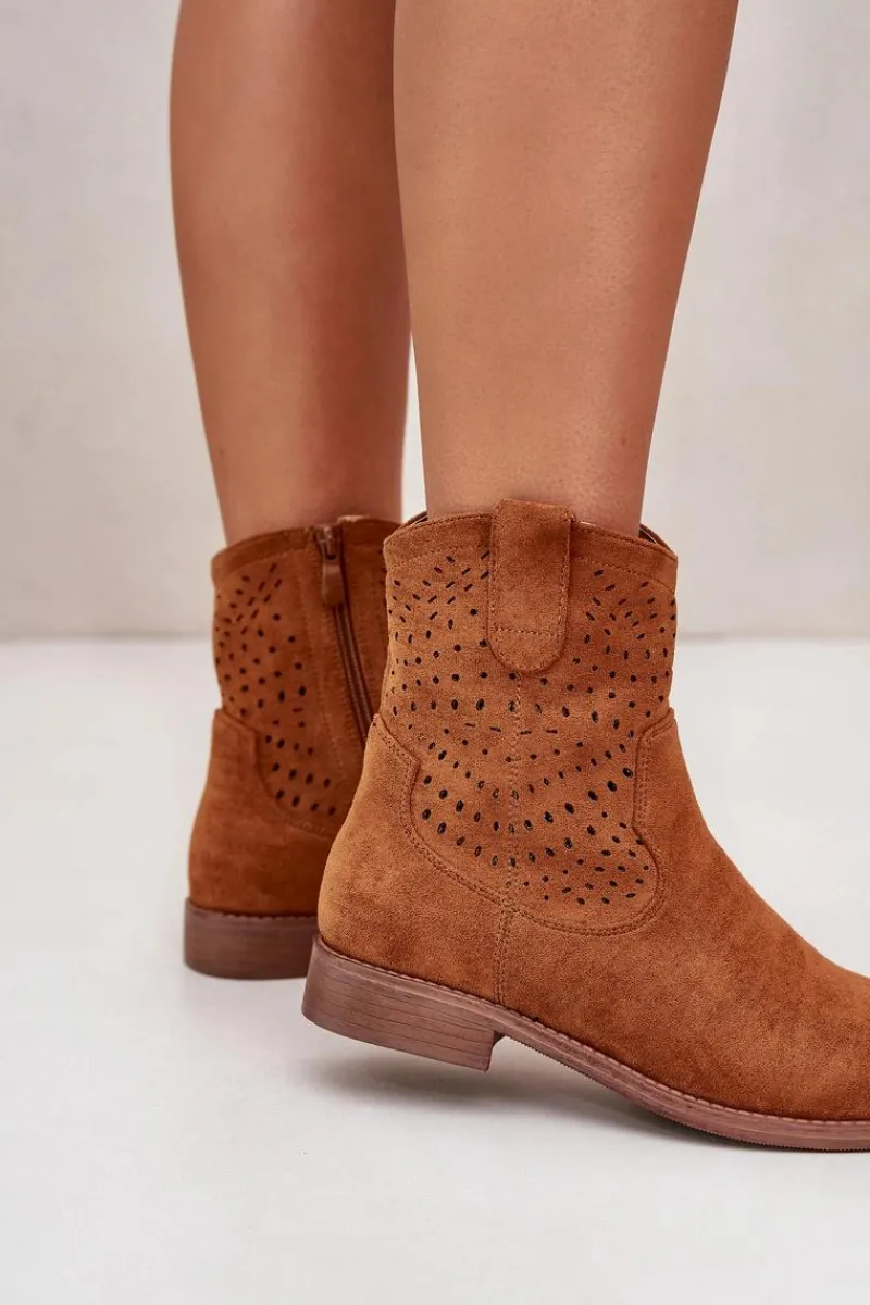 Clearance Damskie buty S.Barski Damskie Ażurowe Botki Na Płaskim Obcasie Camel S.Barski HY42-135