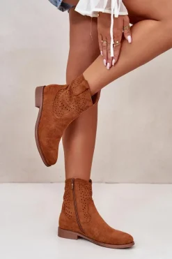 Clearance Damskie buty S.Barski Damskie Ażurowe Botki Na Płaskim Obcasie Camel S.Barski HY42-135