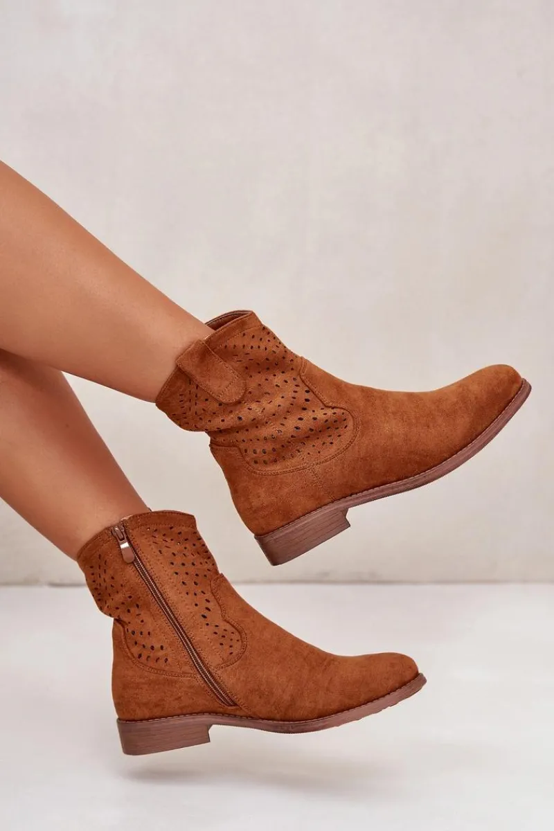 Clearance Damskie buty S.Barski Damskie Ażurowe Botki Na Płaskim Obcasie Camel S.Barski HY42-135