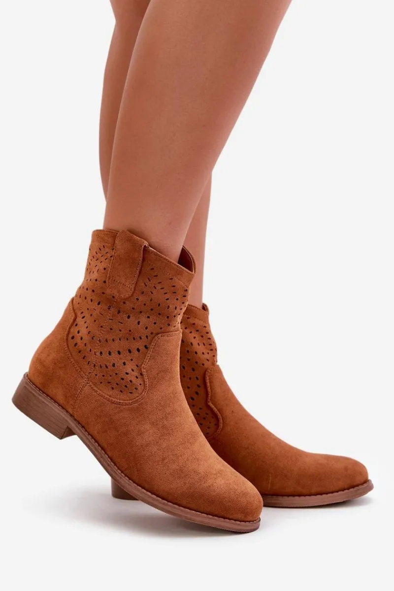 Clearance Damskie buty S.Barski Damskie Ażurowe Botki Na Płaskim Obcasie Camel S.Barski HY42-135