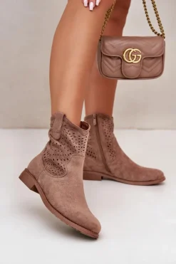 Outlet Damskie Ażurowe Botki Na Płaskim Obcasie Brązowe S.Barski HY42-135 Damskie Botki Wiosenne|Botki Ażurowe