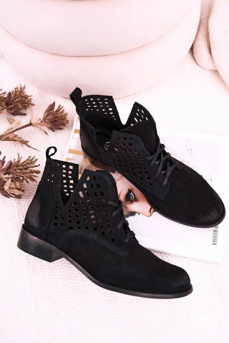 Discount Boto Damskie Ażurowe Botki Zamszowe Czarne Susannah