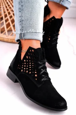 Discount Boto Damskie Ażurowe Botki Zamszowe Czarne Susannah