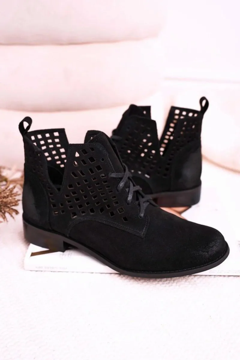 Discount Boto Damskie Ażurowe Botki Zamszowe Czarne Susannah
