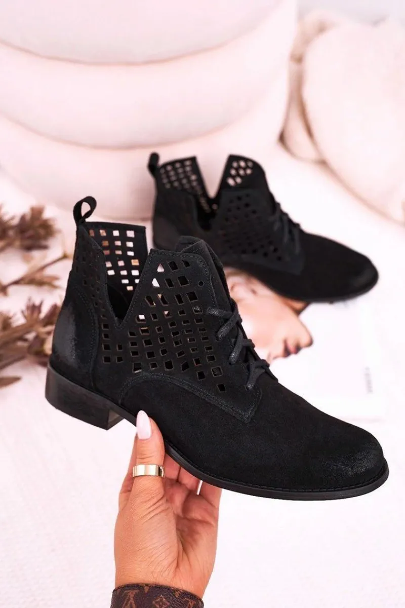 Discount Boto Damskie Ażurowe Botki Zamszowe Czarne Susannah