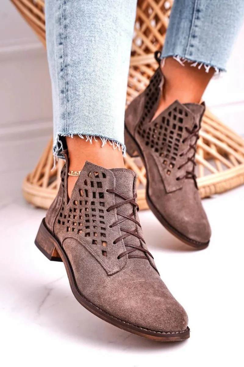 Best Damskie Ażurowe Botki Zamszowe Brązowe Susannah Damskie Botki Wiosenne|Botki Sznurowane