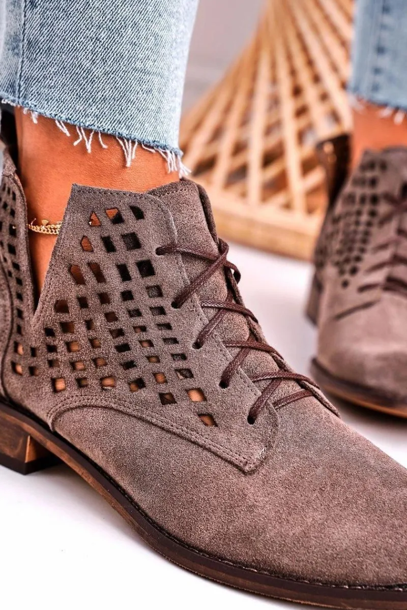 Best Damskie Ażurowe Botki Zamszowe Brązowe Susannah Damskie Botki Wiosenne|Botki Sznurowane
