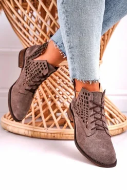 Best Damskie Ażurowe Botki Zamszowe Brązowe Susannah Damskie Botki Wiosenne|Botki Sznurowane