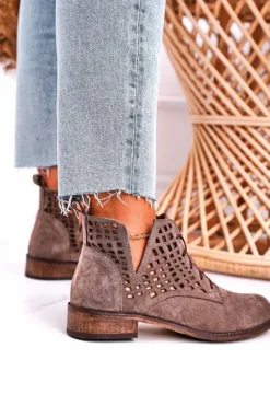 Best Damskie Ażurowe Botki Zamszowe Brązowe Susannah Damskie Botki Wiosenne|Botki Sznurowane