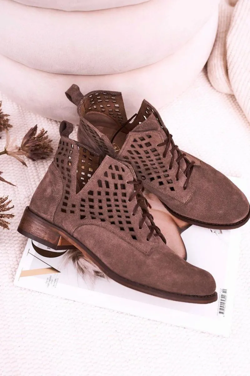 Best Damskie Ażurowe Botki Zamszowe Brązowe Susannah Damskie Botki Wiosenne|Botki Sznurowane