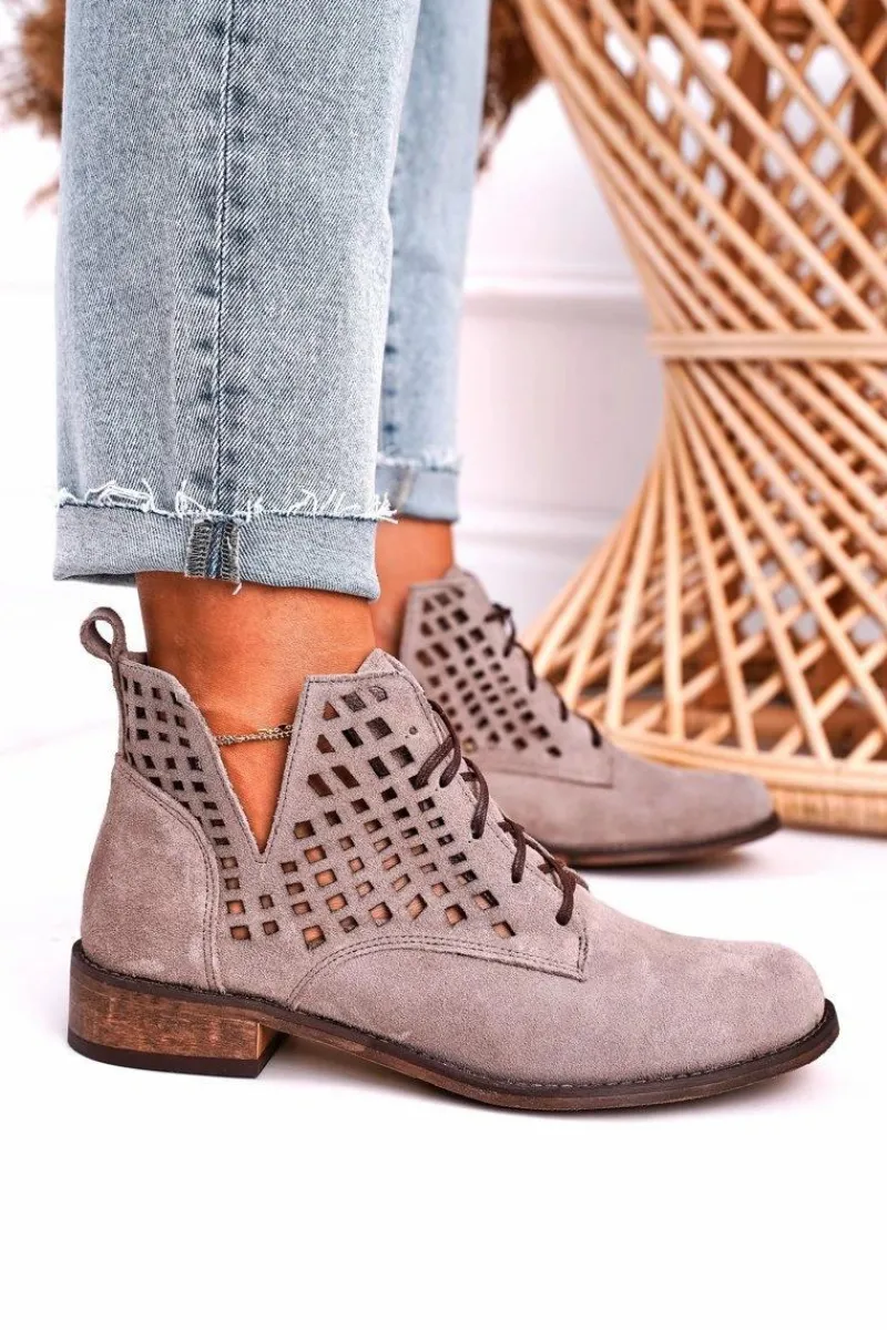 Botki Wiosenne|Botki Sznurowane>Boto Damskie Ażurowe Botki Zamszowe Cappuccino Susannah