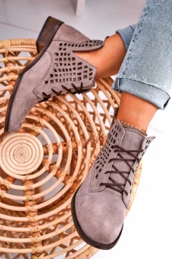 Botki Wiosenne|Botki Sznurowane>Boto Damskie Ażurowe Botki Zamszowe Cappuccino Susannah