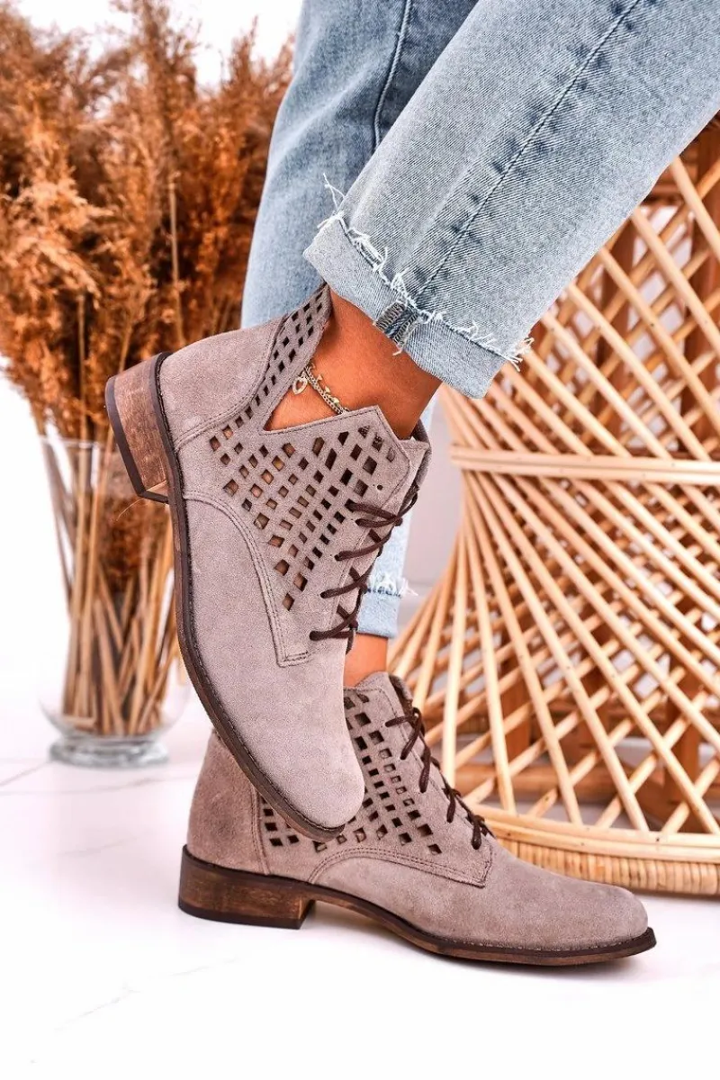 Botki Wiosenne|Botki Sznurowane>Boto Damskie Ażurowe Botki Zamszowe Cappuccino Susannah