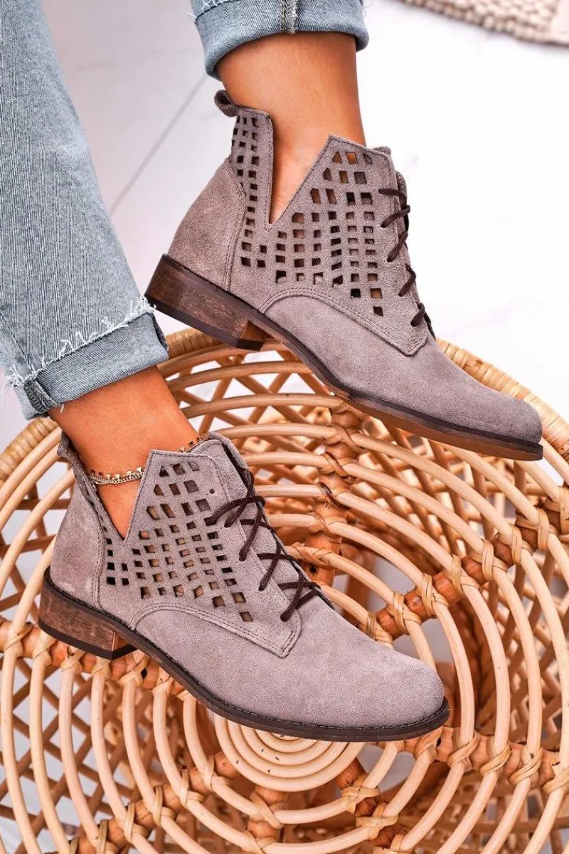 Botki Wiosenne|Botki Sznurowane>Boto Damskie Ażurowe Botki Zamszowe Cappuccino Susannah