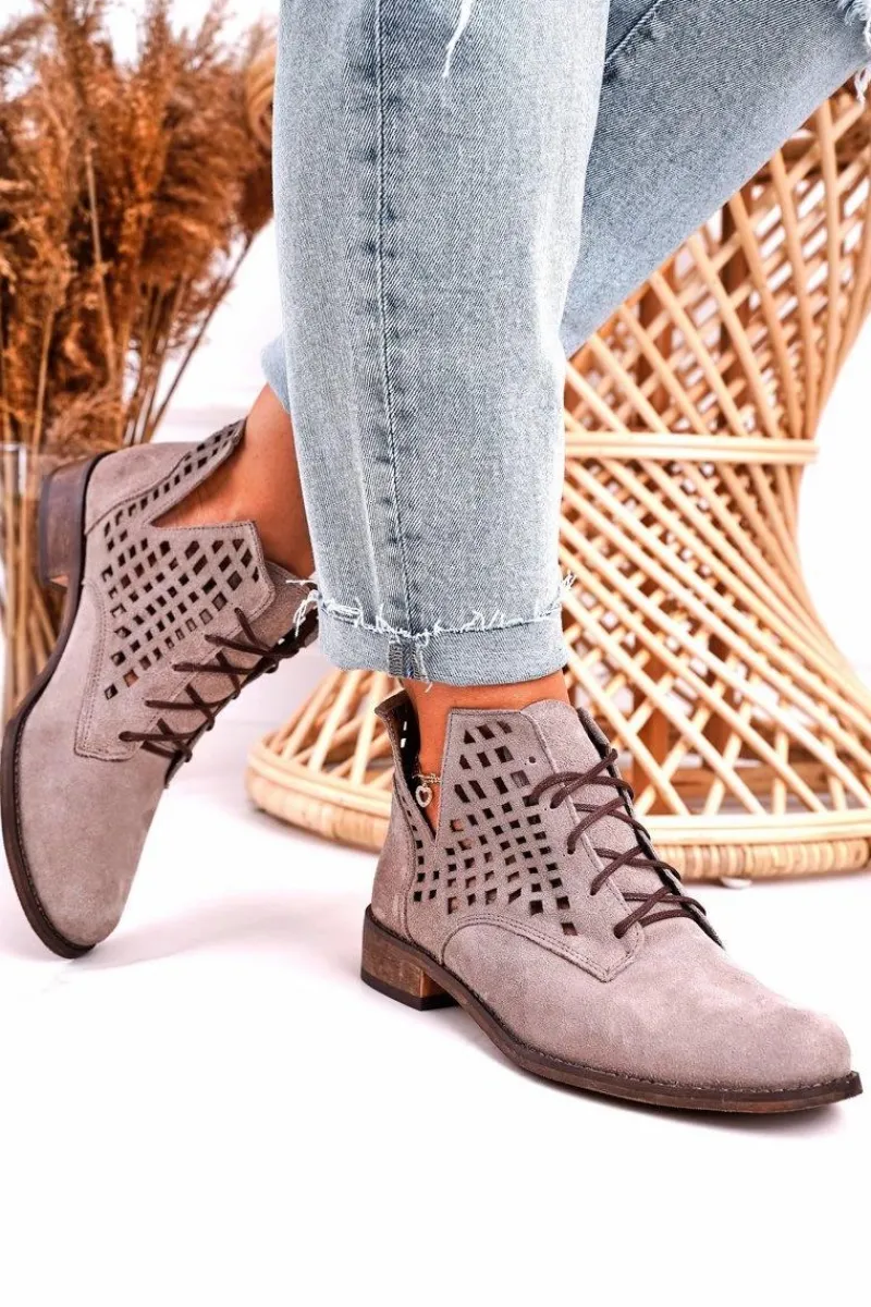 Botki Wiosenne|Botki Sznurowane>Boto Damskie Ażurowe Botki Zamszowe Cappuccino Susannah