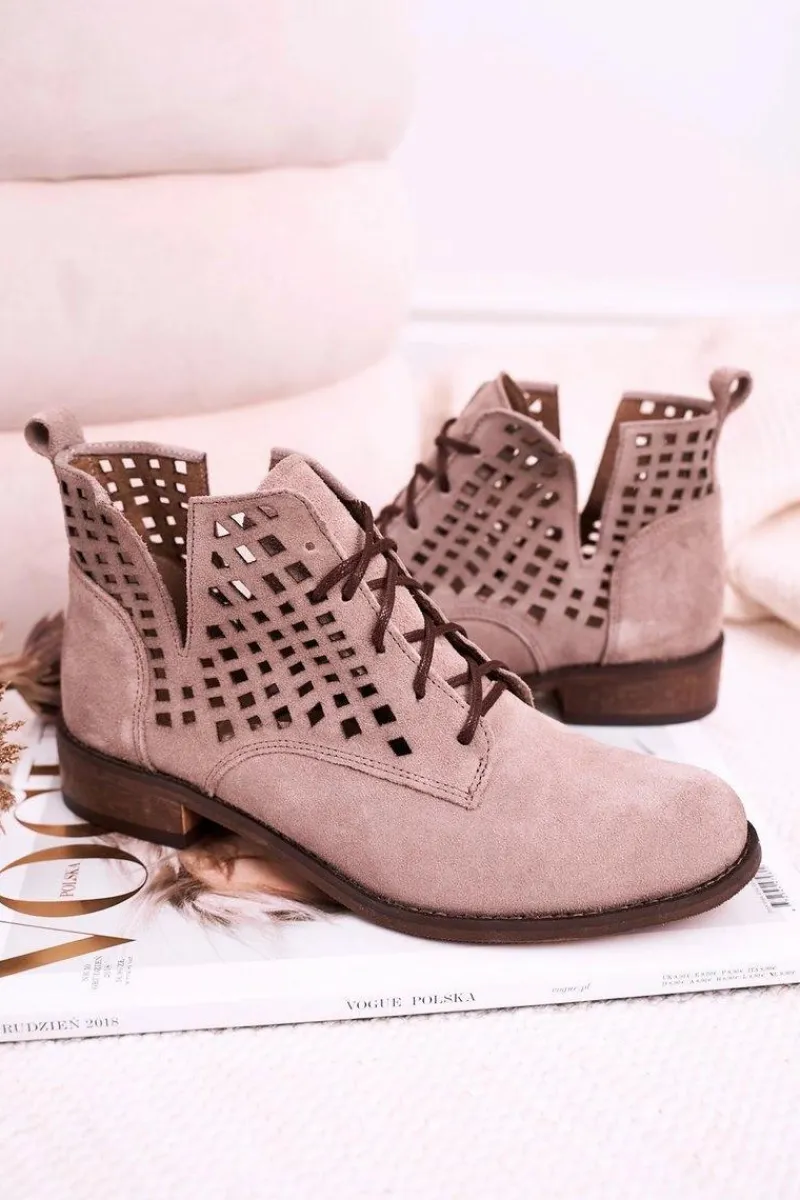 Botki Wiosenne|Botki Sznurowane>Boto Damskie Ażurowe Botki Zamszowe Cappuccino Susannah