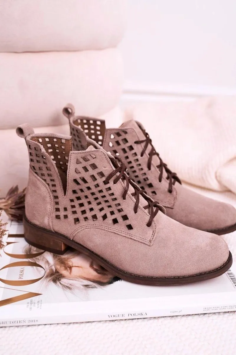 Botki Wiosenne|Botki Sznurowane>Boto Damskie Ażurowe Botki Zamszowe Cappuccino Susannah