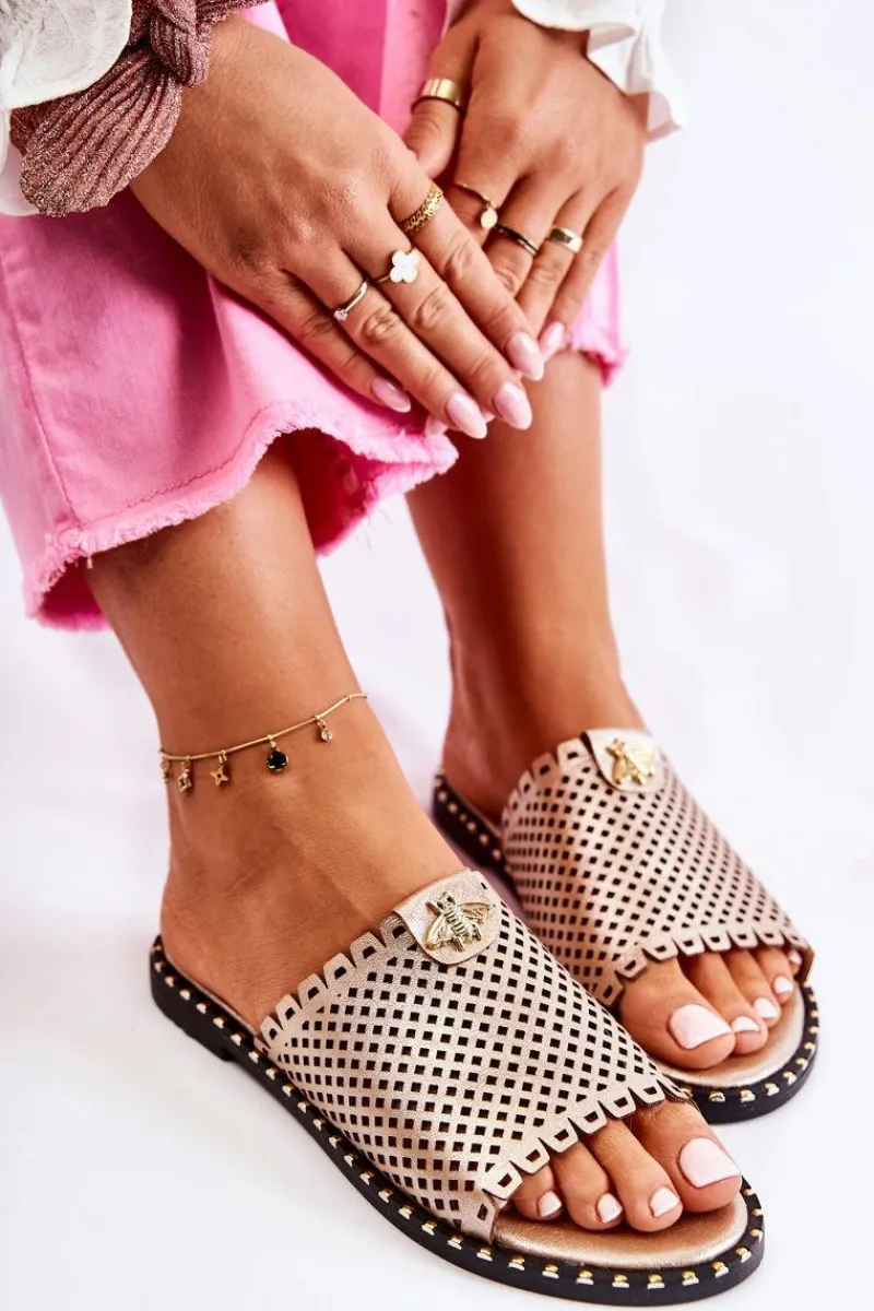 Klapki Damskie Klasyczne>Buty damskie Vinceza Damskie Ażurowe Klapki Z Ozdobą Złote Terrys