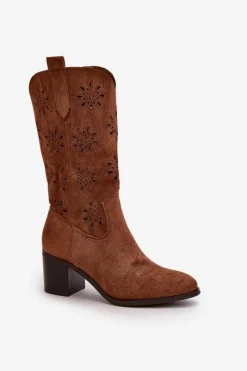 New Boto Damskie Ażurowe Kozaki Do Połowy Łydki Z Eko Zamszu Brązowe Nevilos