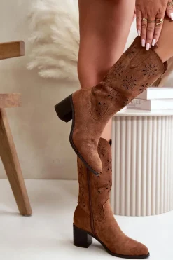 New Boto Damskie Ażurowe Kozaki Do Połowy Łydki Z Eko Zamszu Brązowe Nevilos