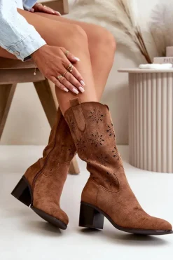 New Boto Damskie Ażurowe Kozaki Do Połowy Łydki Z Eko Zamszu Brązowe Nevilos