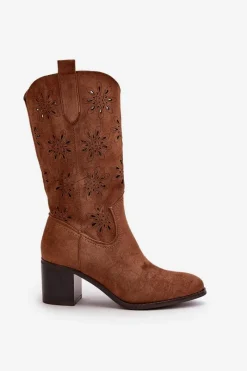 New Boto Damskie Ażurowe Kozaki Do Połowy Łydki Z Eko Zamszu Brązowe Nevilos