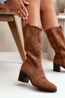 New Boto Damskie Ażurowe Kozaki Do Połowy Łydki Z Eko Zamszu Brązowe Nevilos