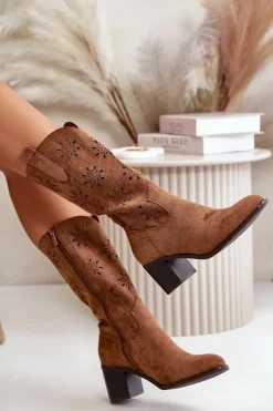 New Boto Damskie Ażurowe Kozaki Do Połowy Łydki Z Eko Zamszu Brązowe Nevilos