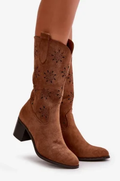 New Boto Damskie Ażurowe Kozaki Do Połowy Łydki Z Eko Zamszu Brązowe Nevilos