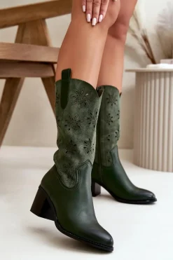Best Damskie Ażurowe Kozaki Do Połowy Łydki Z Eko Zamszu Zielone Nevilos Damskie Kozaki Ażurowe|Kozaki Na Obcasie