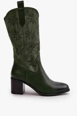 Best Damskie Ażurowe Kozaki Do Połowy Łydki Z Eko Zamszu Zielone Nevilos Damskie Kozaki Ażurowe|Kozaki Na Obcasie