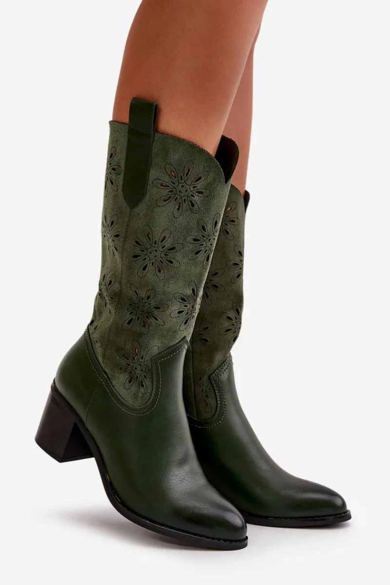 Best Damskie Ażurowe Kozaki Do Połowy Łydki Z Eko Zamszu Zielone Nevilos Damskie Kozaki Ażurowe|Kozaki Na Obcasie