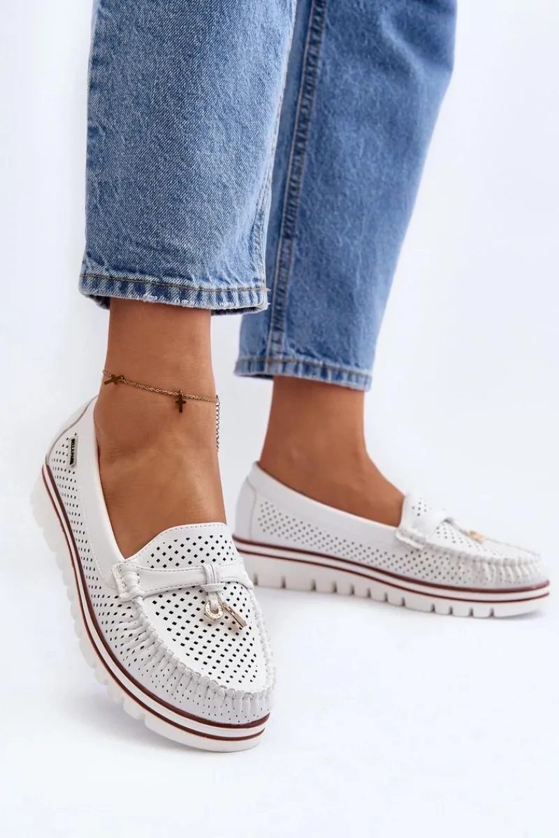 Damskie Ażurowe Mokasyny Białe Twista Damskie Mokasyny Damskie Skórzane