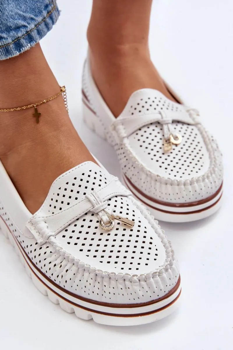 Damskie Ażurowe Mokasyny Białe Twista Damskie Mokasyny Damskie Skórzane