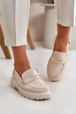 Discount Damskie Ażurowe Półbuty Mokasyny Jasnobeżowe Tannes Damskie Mokasyny Damskie Zamszowe