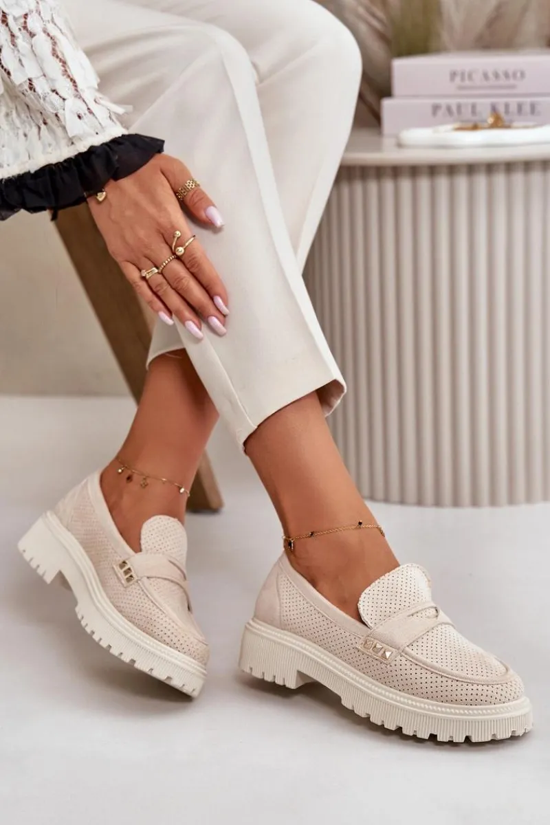 Discount Damskie Ażurowe Półbuty Mokasyny Jasnobeżowe Tannes Damskie Mokasyny Damskie Zamszowe