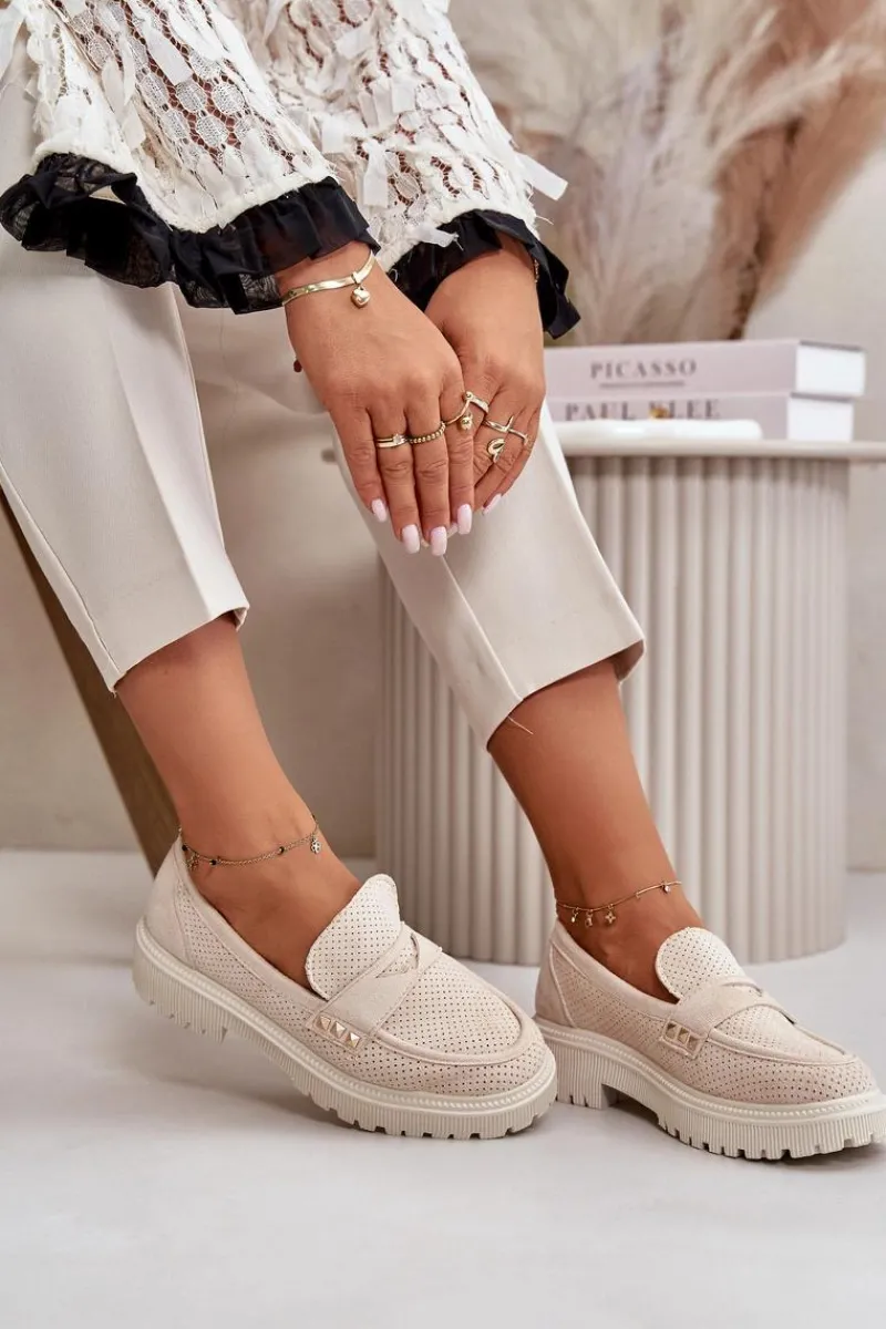 Discount Damskie Ażurowe Półbuty Mokasyny Jasnobeżowe Tannes Damskie Mokasyny Damskie Zamszowe